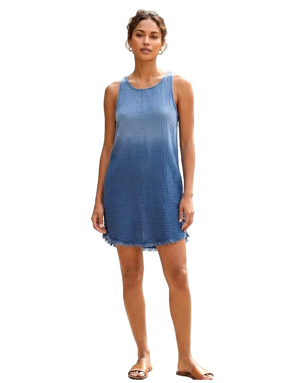 Cloth & Stone XS Indigo Blue Chambray Button Side Fray Mini Cotton Gauze Dress